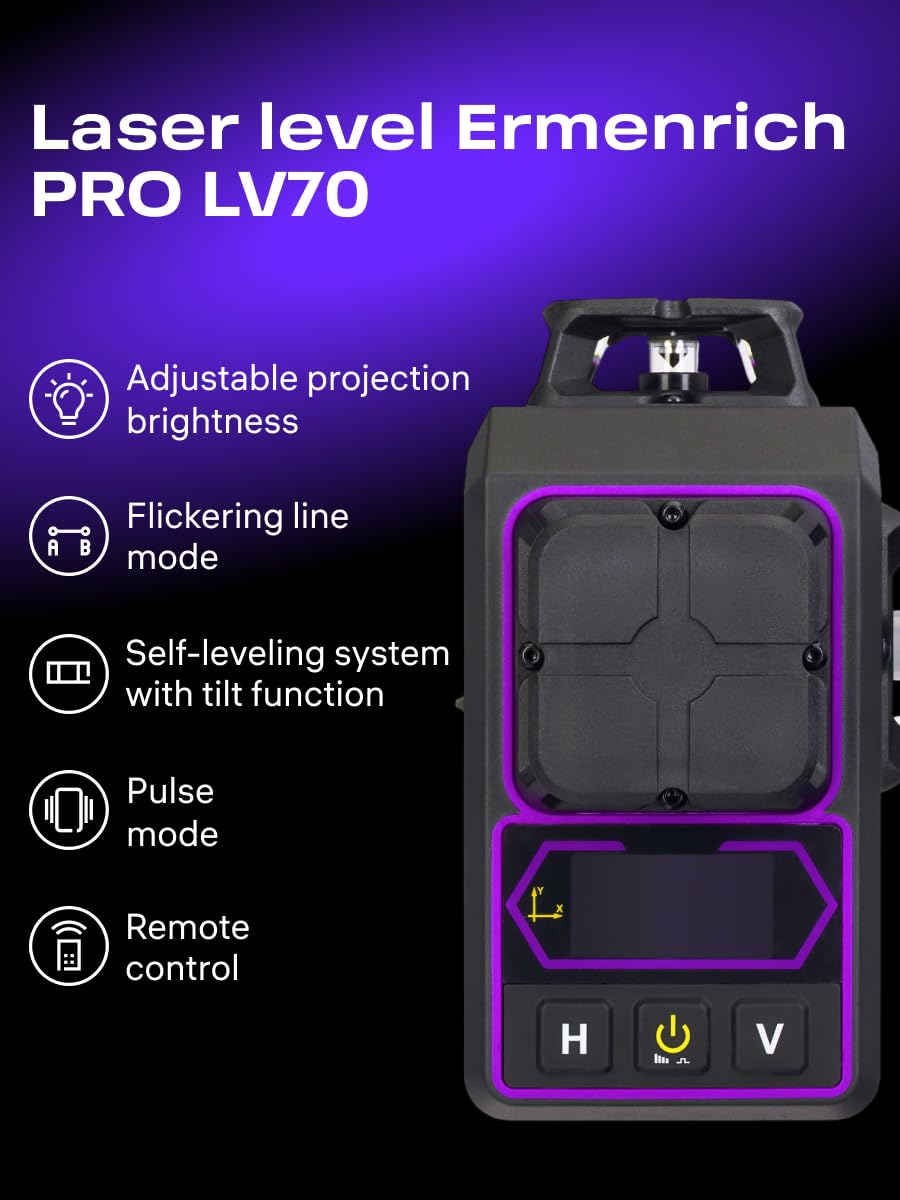 PRO LV70 Samopoziomujący Poziomica Laserowa Tryb Impulsowy 30 m 4D 16 Linii 360° IP54 Pilot Zdalnego Sterowania Mikropodnośnik Podstawa Statyw Uchwyt 2 Akumulatory Li Ion Typ C W Zestawie