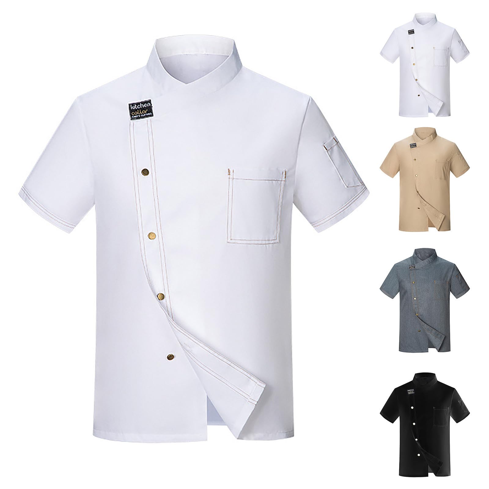 Generisch Veste de cuisine pour homme - Manches courtes - Chemise de chef - Couleur unie - Pour l'été - Aérée - Veste de boulangerie - Uniforme - Restaurant - Cuisine professionnelle - Haut