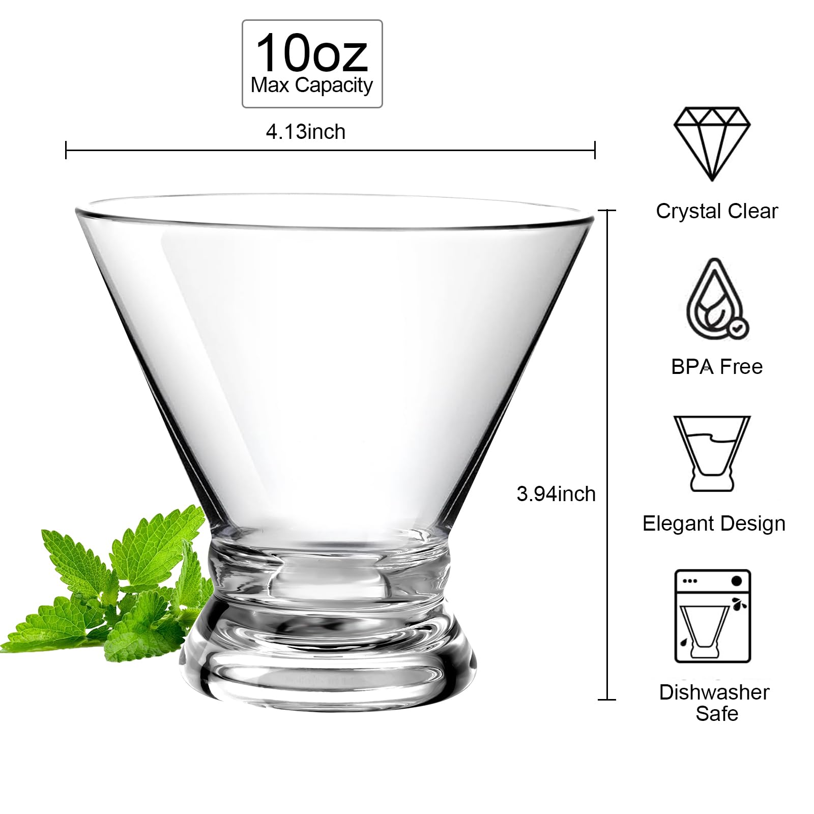BELLAFORTE Set di 4 bicchieri da Martini in plastica senza stelo, infrangibili da 290 ml, infrangibili e lavabili in lavastoviglie, bicchieri da Martini trasparenti riutilizzabili, per uso interno ed