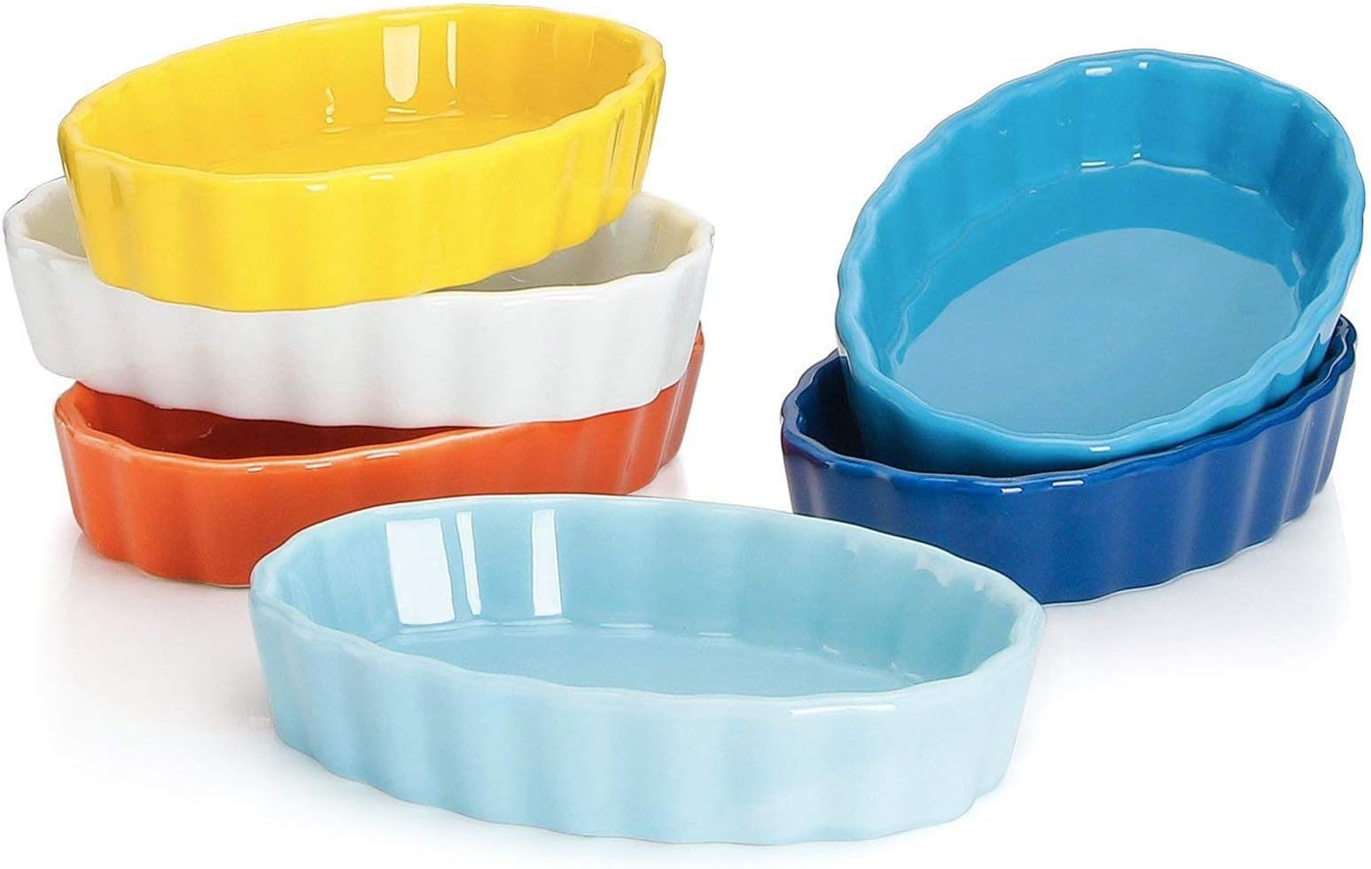 Sweese 504.002 Porcelain Ramekins Oval Shape - 4 Ounce for Creme Brulee - Set of 6, 4.7 x 3.2 x 1 Inch, Hot Assorted Color