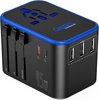 Ceptics UP-11KU Universal Travel Adapter: 45W PD/QC 3.0, Dual USB-C + 3 USB-A, Worldwide Type A/C/G/I Outlets for Phones Tablets Laptops