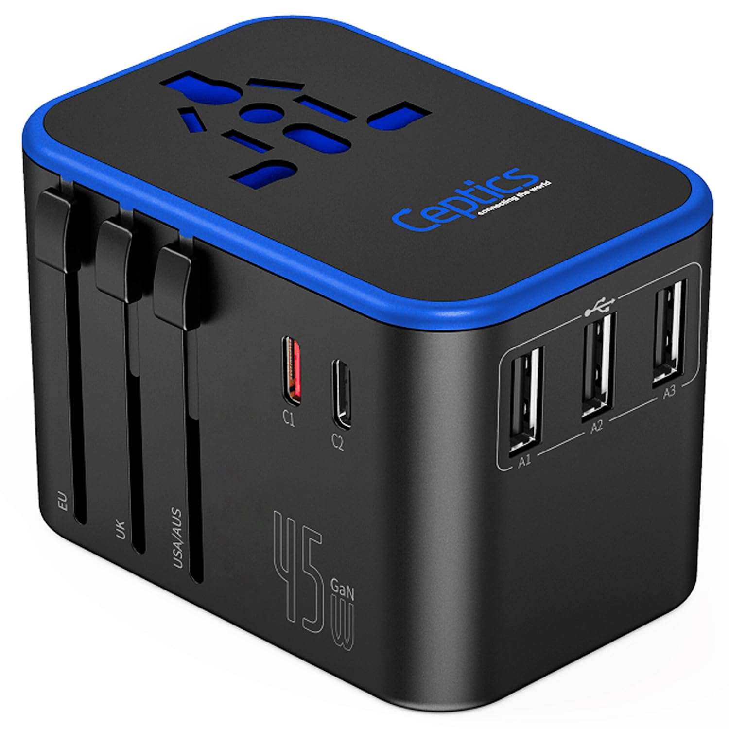 Ceptics Universal Travel Adapter 45W International Power Adapter with PD QC 3 0 Dual USB-C 3 USB Travel