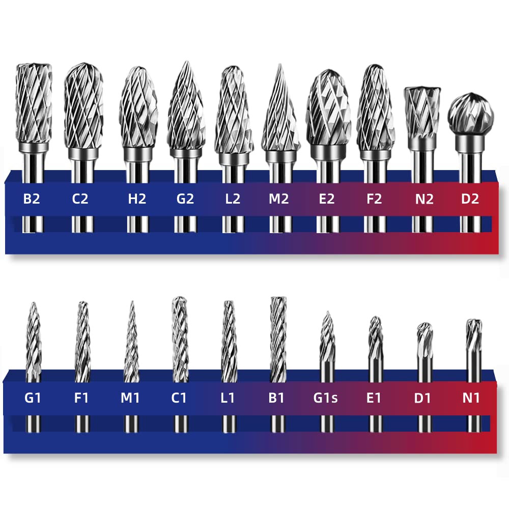 Carbide Burr Set 1/8" Inch Shank（3mm）Diameter，20PC Tungsten Double Cut Rotary Die Grinder Bits- Cutting Burrs for Aluminum Metal Wood Carving, Engraving,Polishing,Drilling