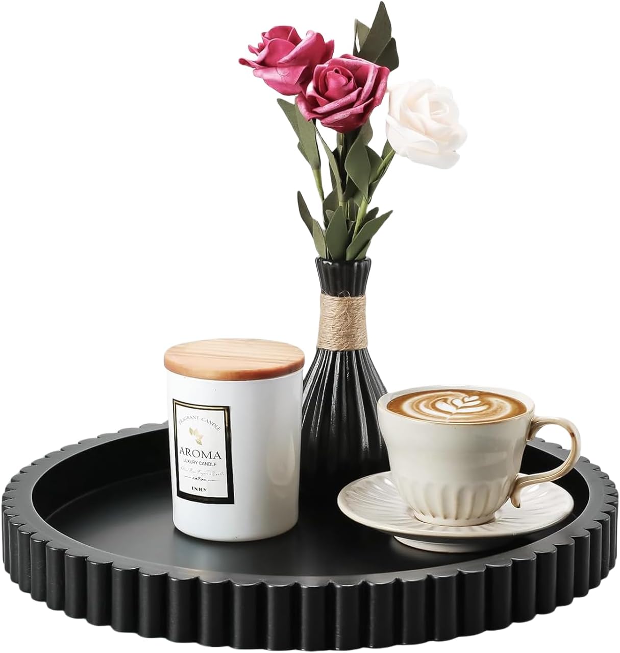 11 Inch Round Wooden Tray, Coffee Table Decorative Tray for Living Room, Kitchen and Dining Table Decor & Organization (Black)