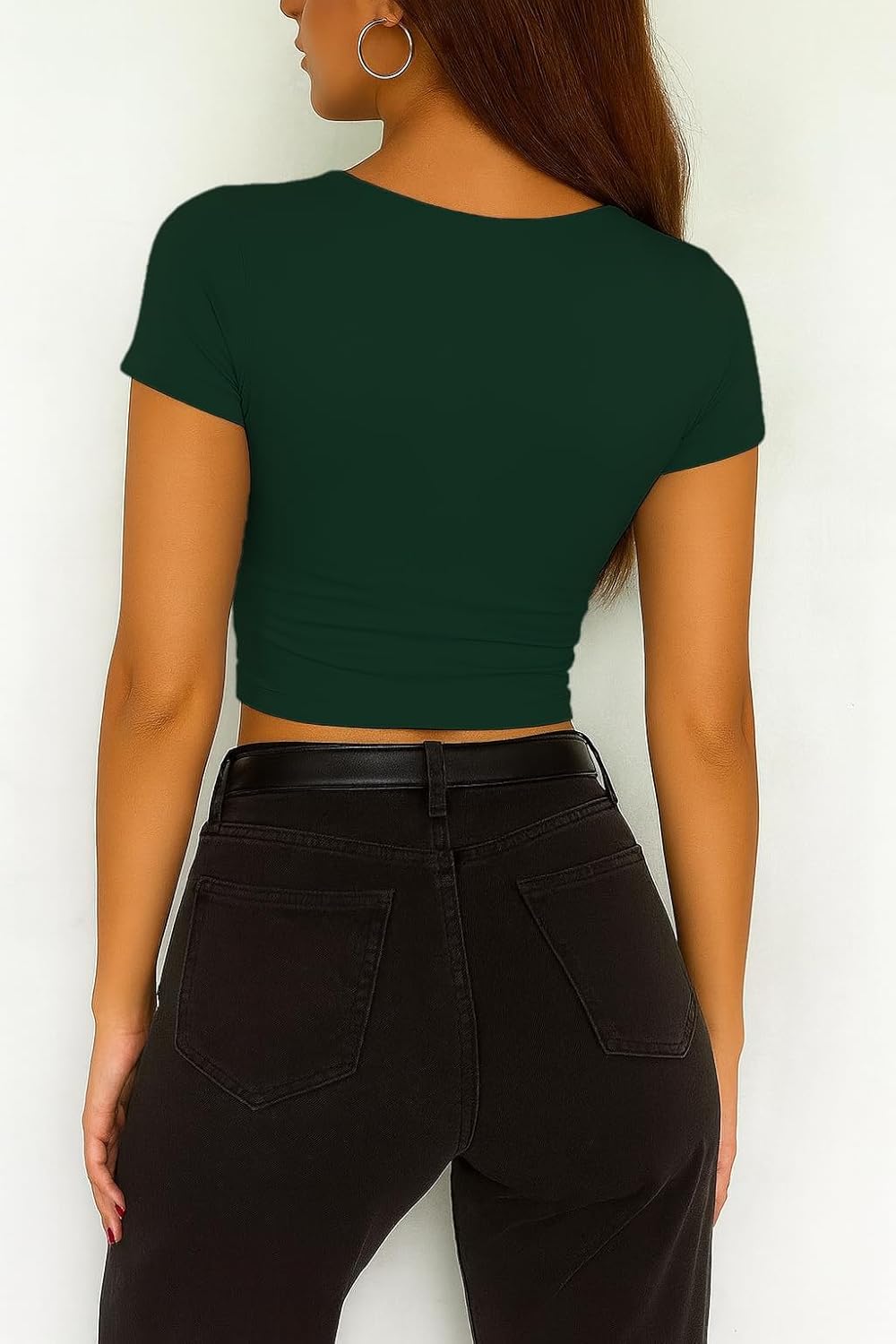 ForeFair Womens Short Sleeve Crop Tops Casual V Neck T Shirts Going Out Top Double Lined Slim Fitted Basic Tee - Image 3