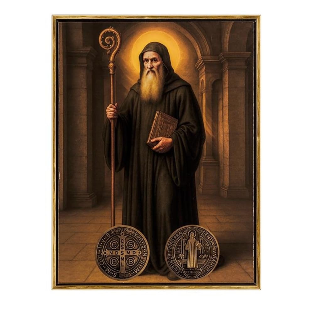 Tableau Saint Benoît avec cadre de décoration murale religieuse chrétienne 32x42