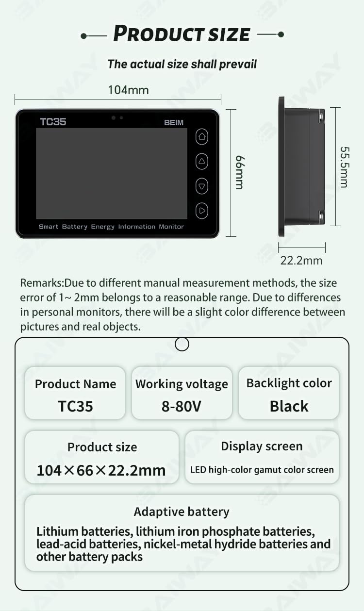 Smart Bluetooth Color LCD Battery Monitor 8-80V 350A (with Shunt) RV Forklift Solar Battery Coulometer Tests Charge Discharge Capacity & Status Tester RS-485 Communication (350A)