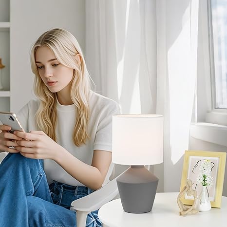 Lampwell Lampwell NOVA Small Modern Ceramic Table Lamp, Grey, Fabric Shade, E12 Bulb Base, 1.54 lbs, 7.09x7.09x13.59 inches, Indoor Use, Bedroom, Living Room, Kids Room photo 2