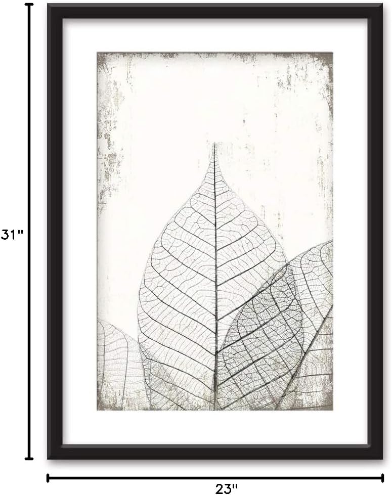 wall26 - Framed Wall Art - Black White Leaf Vein Pattern Vintage Background - Black Picture Frames White Matting - 23x31 inches