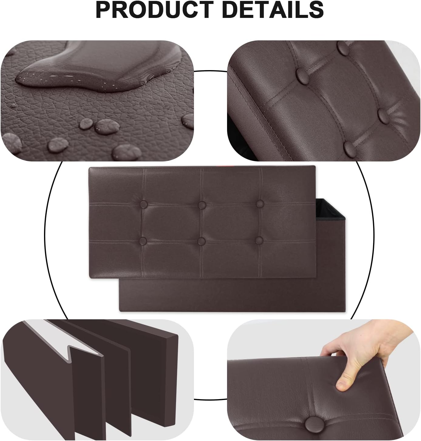 Todeco - Leather look folding Bench, Folding Storage Ottoman - Maximum load: 330 lbs - Material: Faux leather - Stitched and tufted finish, 29.9 x 15 x 15 inch, Brown