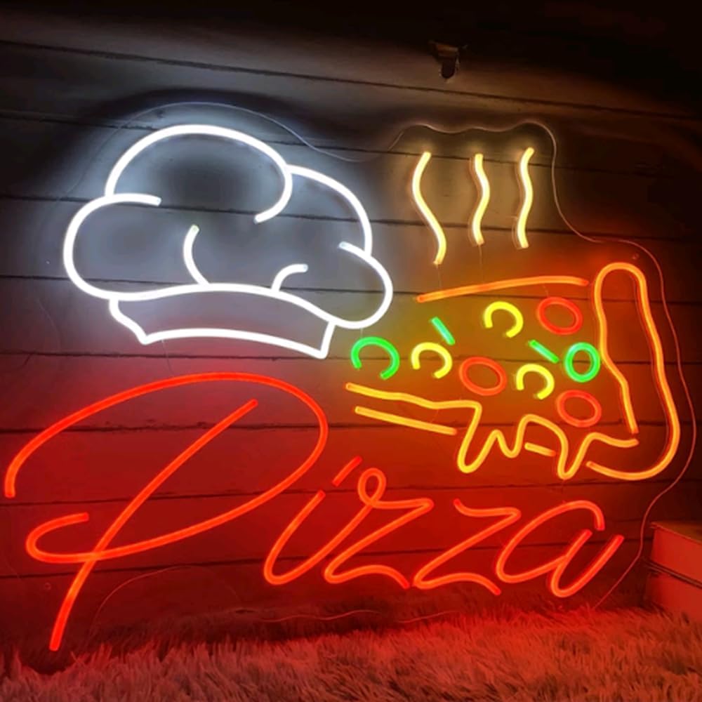 Pizza Neon Sign, Custom Pizza Hat Slice Fast Food LED Neon Light Home Bar Kitchen Wall Decor Pizza Lover Party Restaurant Welcome Open SignSize:20x18inches
