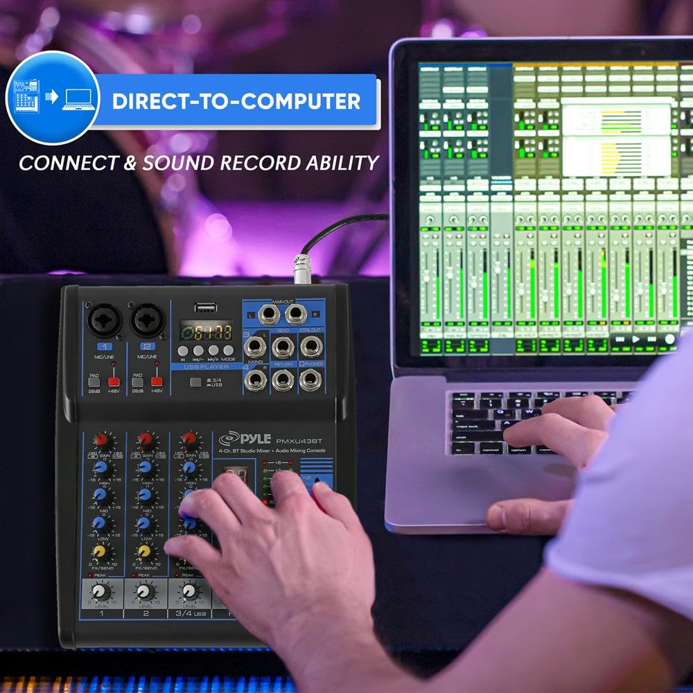 Mezclador de audio profesional con placa de sonido, interfaz de sistema de consola de 4 canales, digital, USB, Bluetooth, MP3, entrada de computadora, 48 V, Phantom Power, estéreo, DJ, Studio