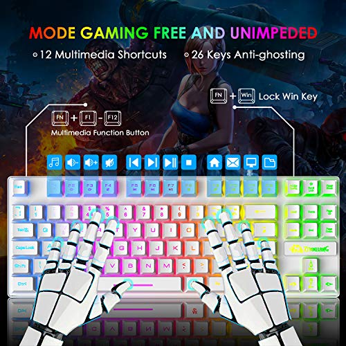 Gaming Keyboard and Mouse Combo,88 Keys Compact Rainbow Backlit Mechanical Feel Keyboard,RGB Backlit 6400 DPI Lightweight Gaming Mouse with Honeycomb Shell for Windows PC Gamers (White)
