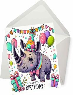 PICTURE THIS PRINTS Rhino Birthday Card, Rhino Party Greeting Card, Funny Rhino Birthday Card, Cute Rhino Birthday Card, Safari Animal Birthday Card, Card with Envelope (5x7”)