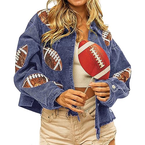 Cropped Corduroy Jacket Women Football Sequin Patched Short Button Raw Hem Jacket Coat Casual Long Sleeve Shacket