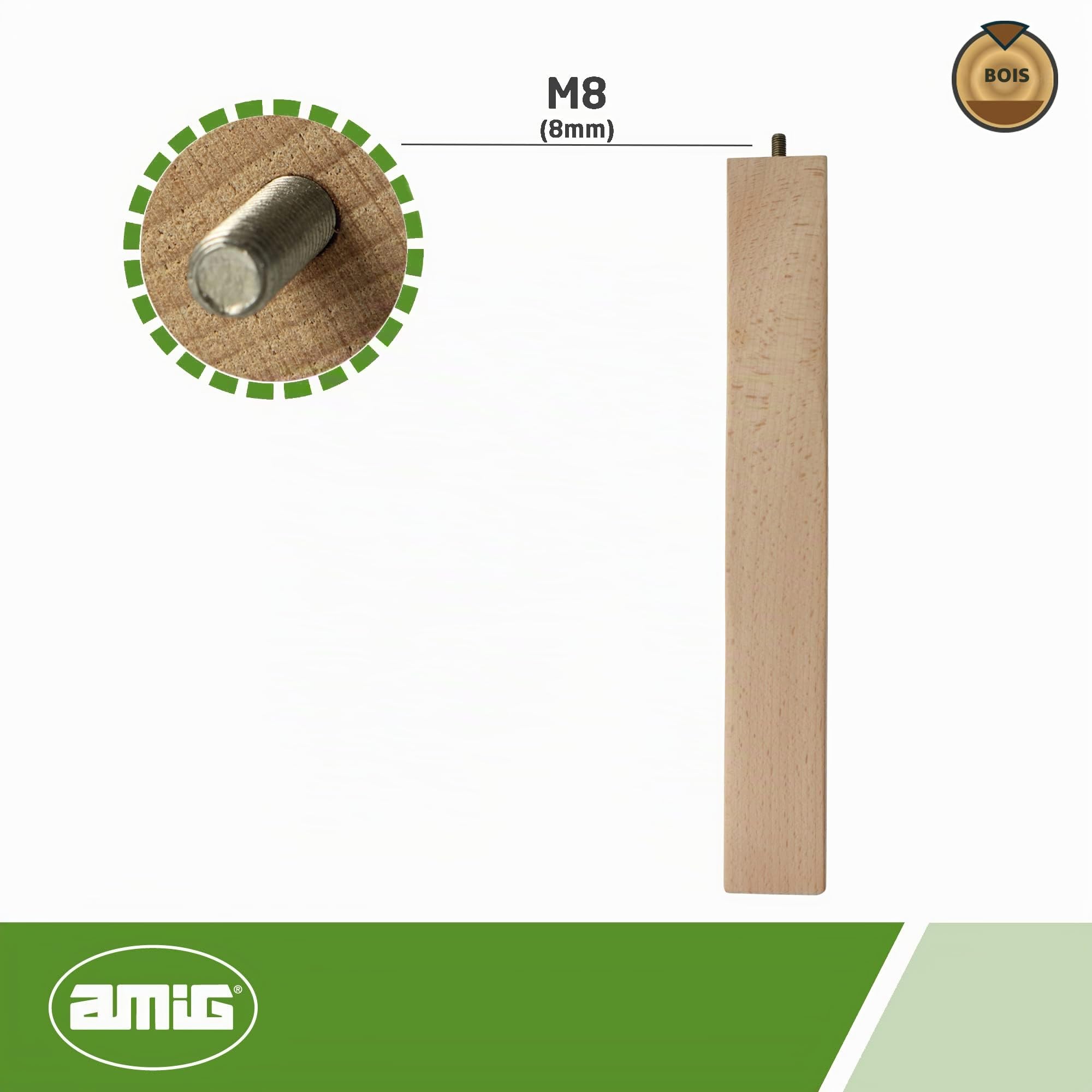 Amig - Pied Carré pour Meuble, Pied en Bois de Hêtre avec Finition Naturelle, Pieds de Remplacement pour Canapés, Lits, Tables, Fixation : Tige Métallique Métrique 8, Dimensions : 50 x 50 x 360 mm