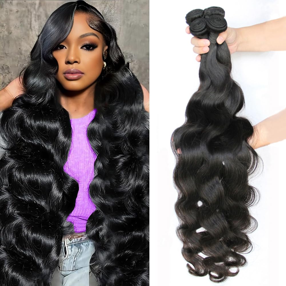 VENGSTI Body Wave Bundles Human Hair 26 20 30 32 Inch Brazilian 12A 100% Virgin Human Hair 4 Bundles Double Weft Quick Weave Hair Natural Black Color