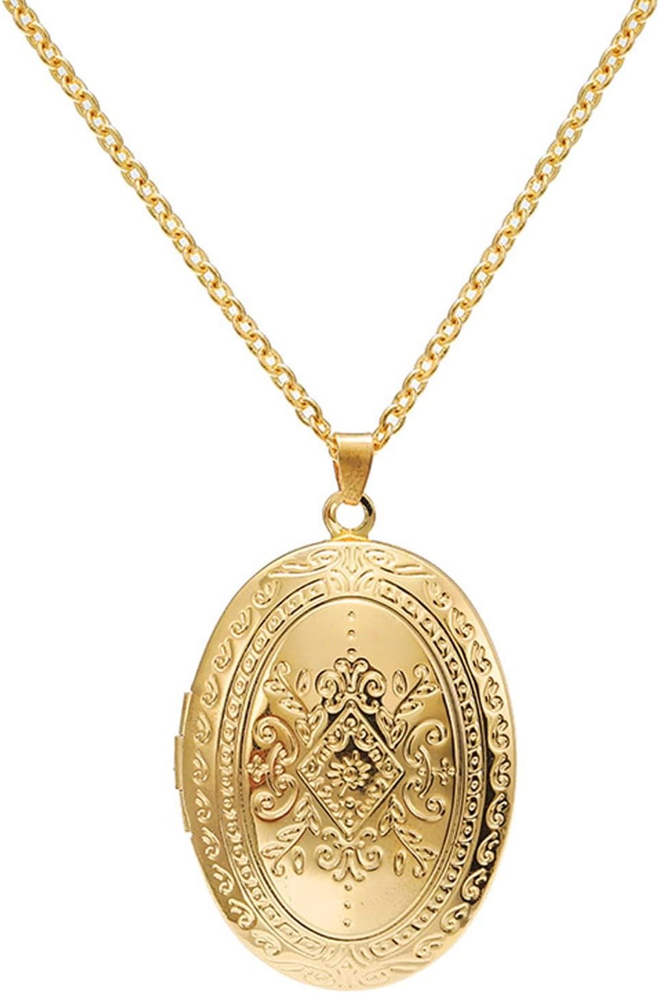 Vintage Engraved Flower Empaistic Photo Locket Hold Picture Oval Round Pendant Necklace Antique Carved Pattern Souvenir Memorial Clavicle Sweet Jewelry for Women