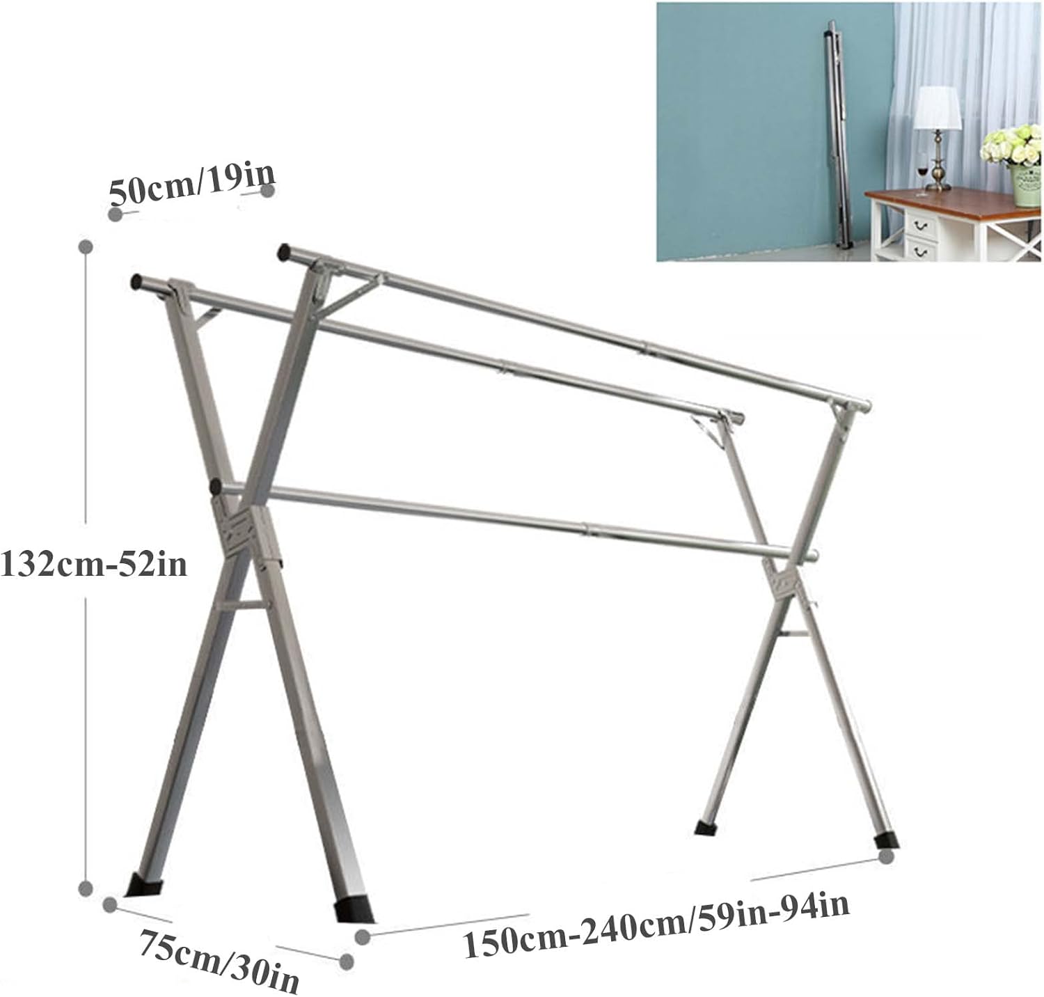 Clothes Drying Rack Folding Indoor, Hanger Rack Stand Heavy Duty, Adjustable and Foldable Laundry Rack, Stainless Steel Garment Rack, Length Adjustable Saves Space, for