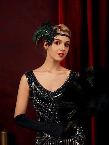 Miniatura 4 de SWEETV Diadema de plumas estilo flapper de los años 20, tocado Showgirl con lentejuelas de los años 20, accesorios para el cabello Gatsby para mujer