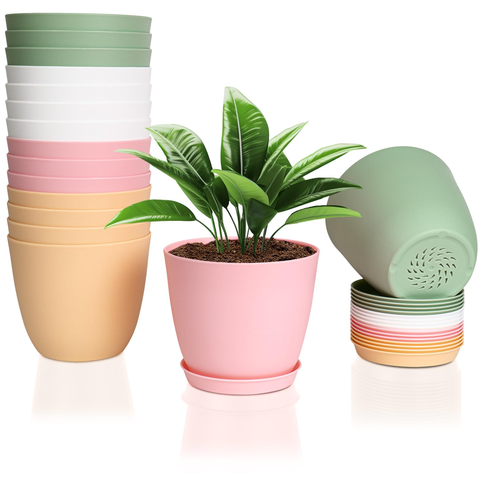 FORAGIFT 16 Pack 15cm Plastic Plant Pots for Indoor Flower Pots Heavy Duty and Stylish Plant Pots for Indoor Plants with Drainage Holes and Tray for Plants Flowers