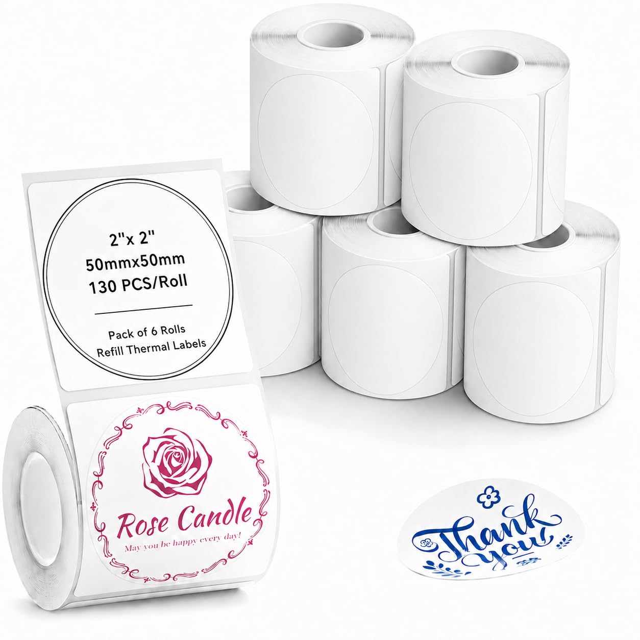 ToVii 50x50mm Round White Thermal Labels 780 Pcs 6 Rolls for B3S M110 M120