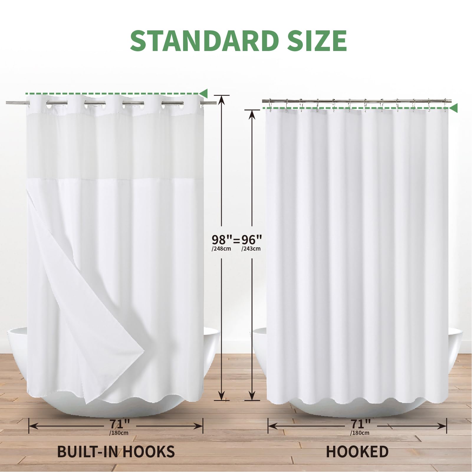 eachope Cortina de Ducha extralarga sin Gancho con Forro de Tela a presión, Cortinas de Ducha de Tela Texturizada para baño, Cortina de Ducha Moderna Estilo Hotel, Impermeable y Lavable, 71 x 98
