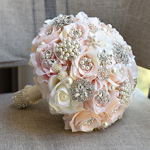 Hand Made Silk Rose Rhinestone Brooch Lace Wedding Bouquets Pearls Bride Holding Flowers (Champagne)