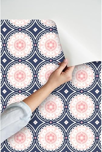 Miniatura 3 de Peel & Stick Wallpaper Swatch - Navy Pink White Circle Girls Room Custom Removable Wallpaper by Spoonflower