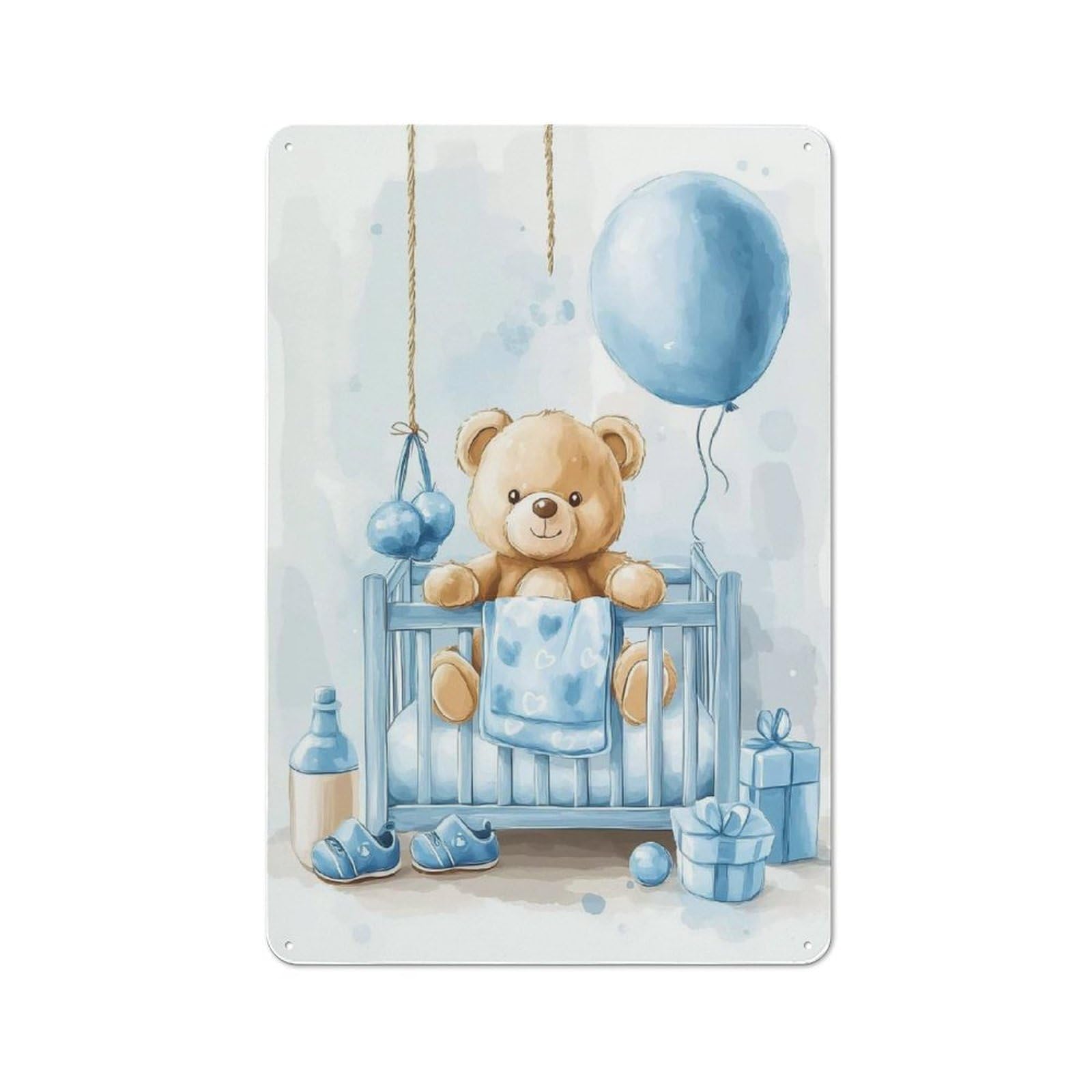 Junmoney Teddy Bear Sitting In Blue Baby Cot Metal Sign 30X20cm With For Garage Wall, Vintage Decor, Winter Wall Decor For People Furnishing A Garage