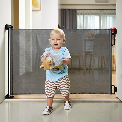 Miniatura 19 de EasyBaby Puerta retráctil para bebé, 33 pulgadas de alto, se extiende hasta 55 pulgadas de ancho, puertas de seguridad para bebés negros/niños,