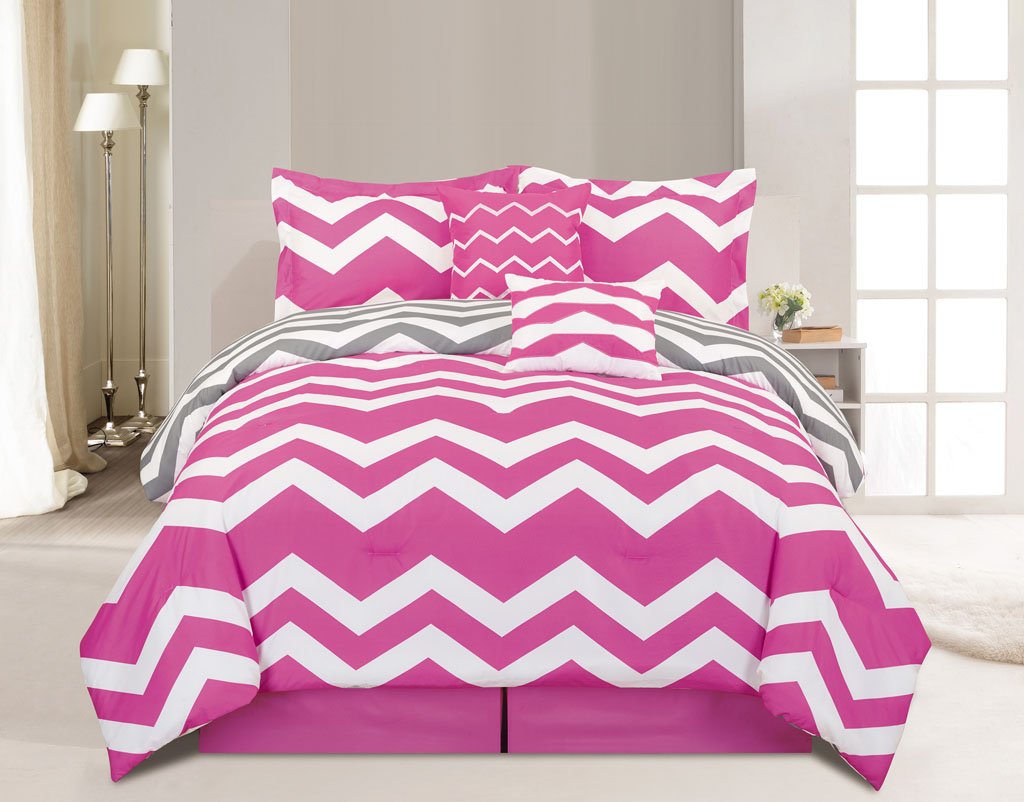 KingLinen 5 Piece Twin Chevron Pink Comforter Set