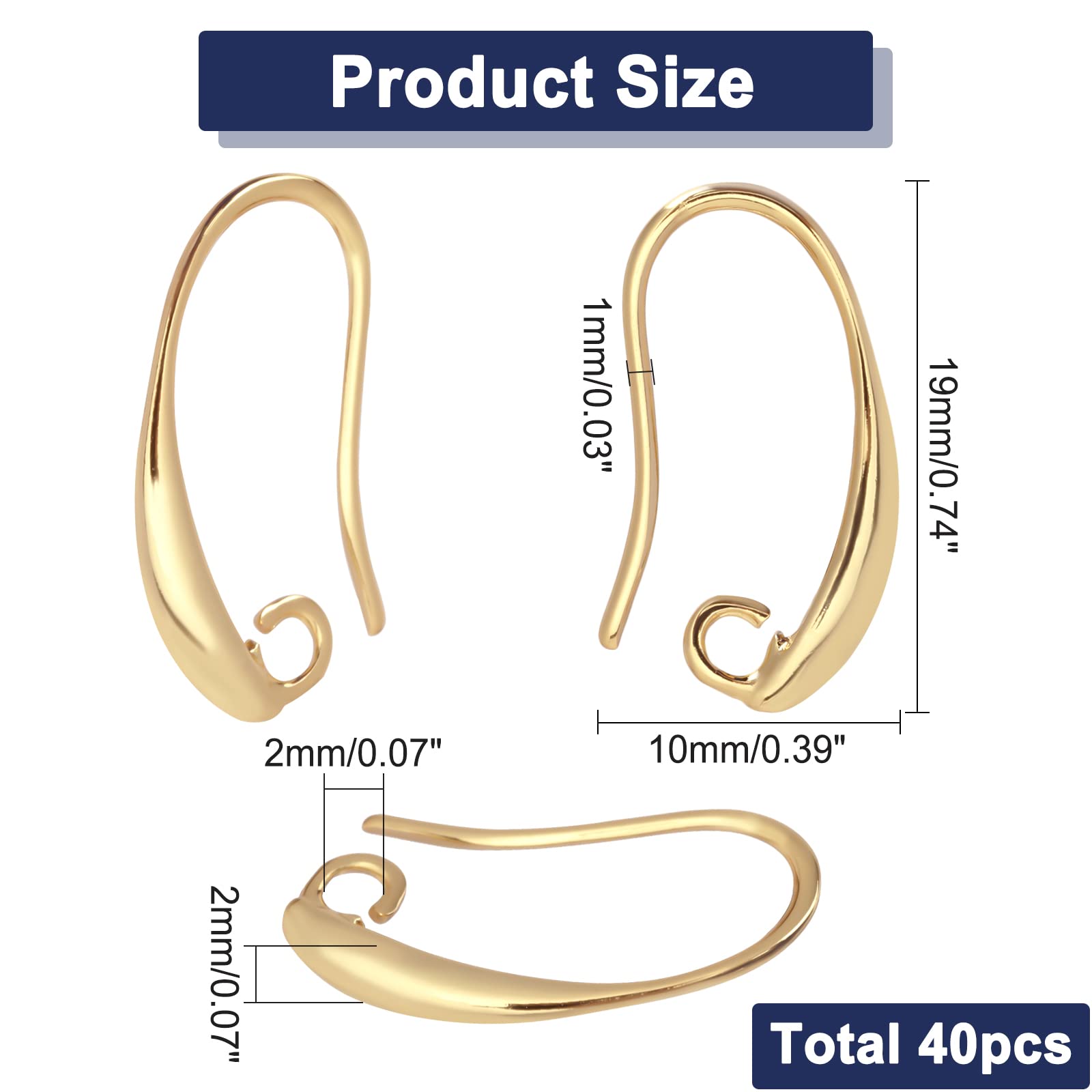 SUPERFINDINGS 40Pezzi Ganci per Orecchini in Ottone Placcato Oro 18K con Leva Posteriore Orecchini da 19x10x2mm Creare Risultati con Anello per La Creazione Gioielli Fai da Te Foro:2mmAgo:1mm