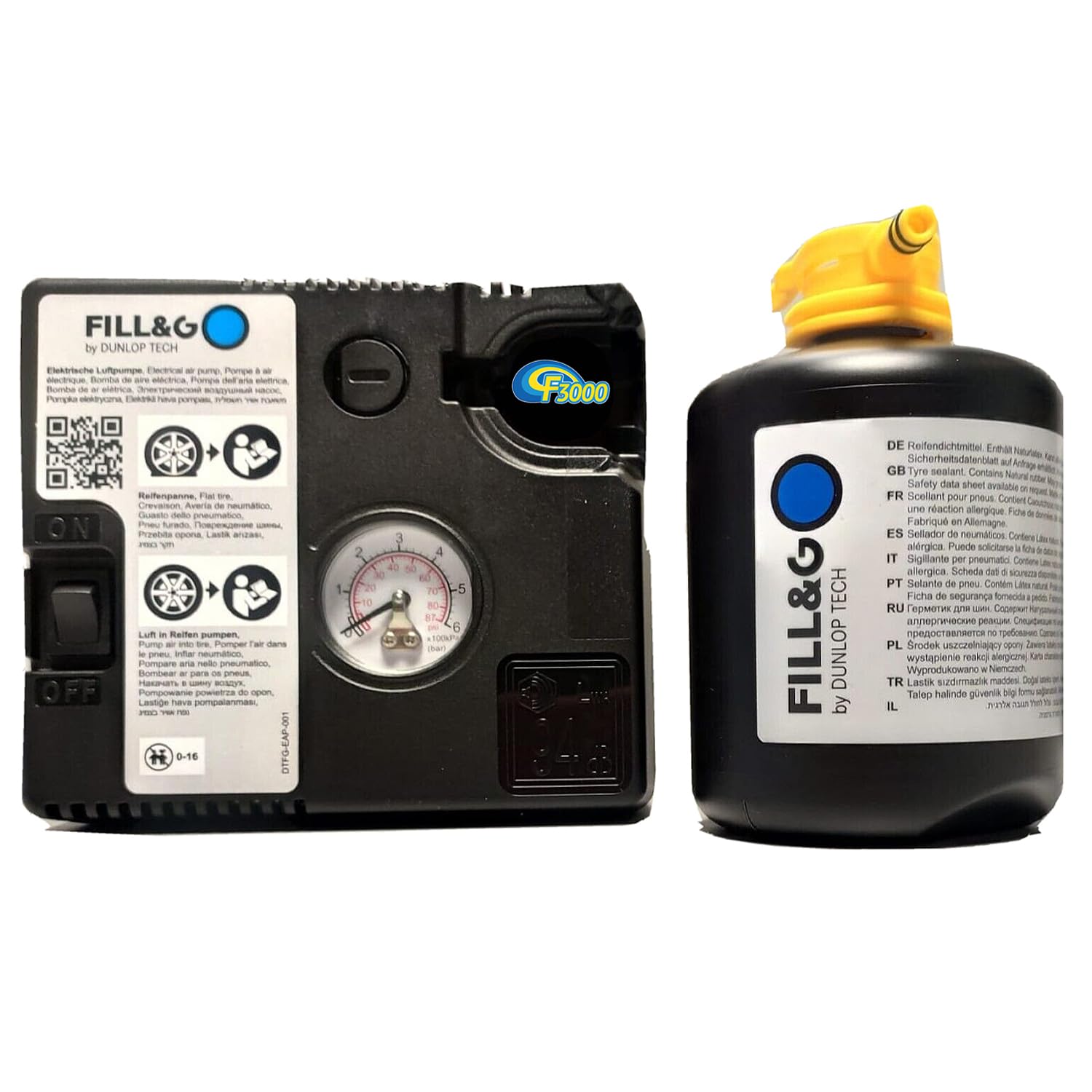 Generico Sistema di Riparazione Pneumatici Fill&Go by Dunlop Tech, Set gonfia e ripara con Liquido Sigillante d'Emergenza, Pompa Elettrica (450 ML)