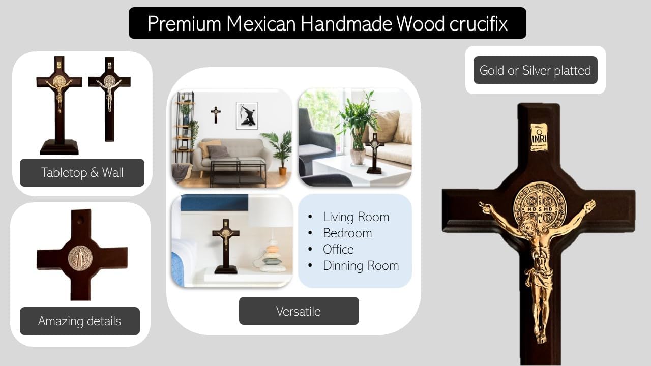 St Benedict wooden wall crucifix silver plated 9.5 in