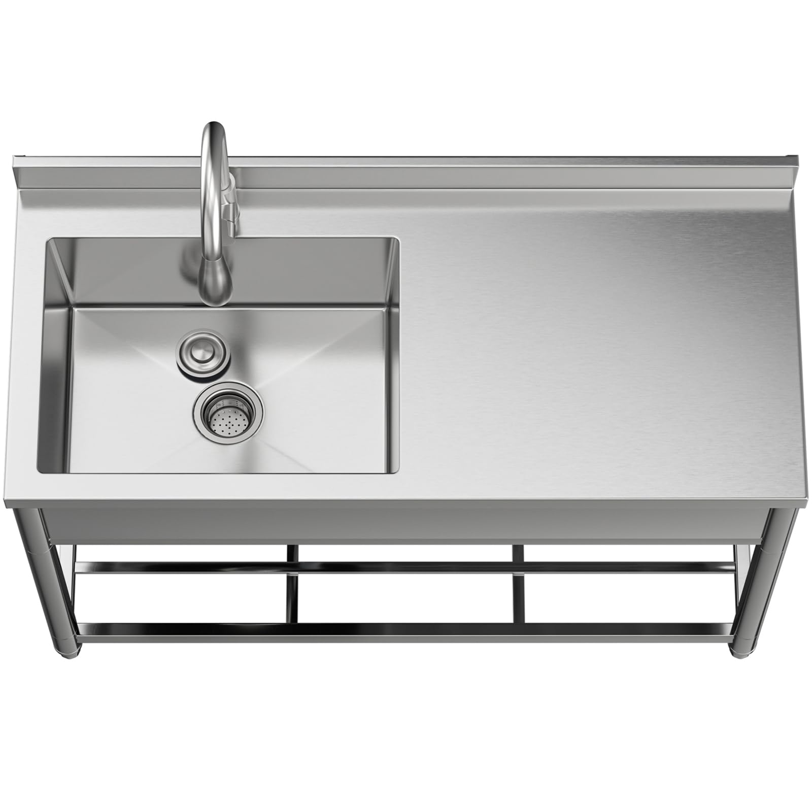 Freistehende Edelstahl Spültisch Gastro mit Werkbank, Gewerbliche Küchenspüle mit Ausziehbarem Wasserhahn, Outdoor Spüle für Küche Garage Waschküche Restaurant, 55T x 120B x 94H cm