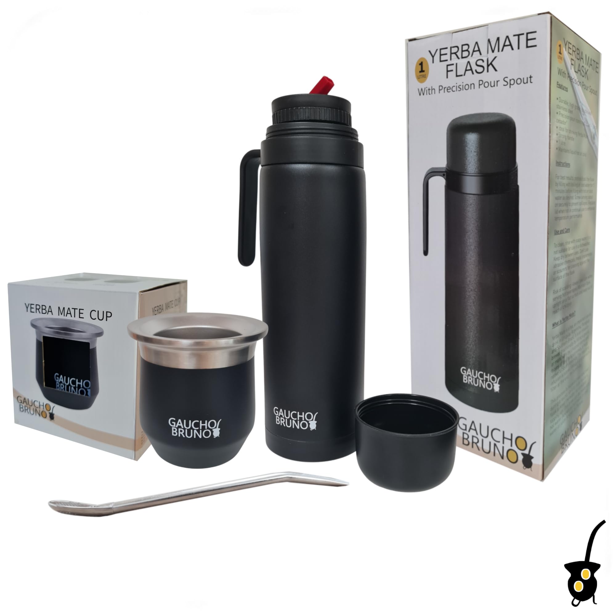 Gaucho Bruno - Mate termico in acciaio inossidabile per bere Yerba Mate | Mantiene la temperatura della bevanda | Con Bombilla | Borraccia da 1 litro con l'iconico beccuccio di precisione pico Cebador