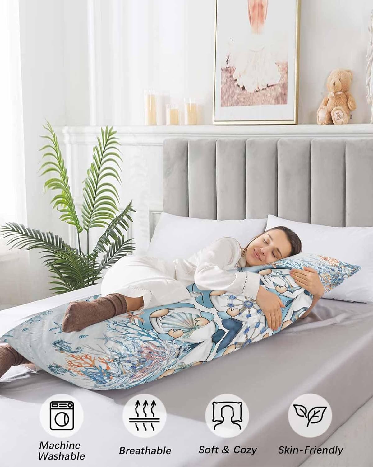 DecorLovee Coastal Gnomes Body Pillow Case Cover - Microfiber Bed Throw Pillow Covers, Nautical Beach Starfish Coral Blue Decorative Lumbar Pillow Cover with Envelope Closure for Sofa/Travel 20"x54"
