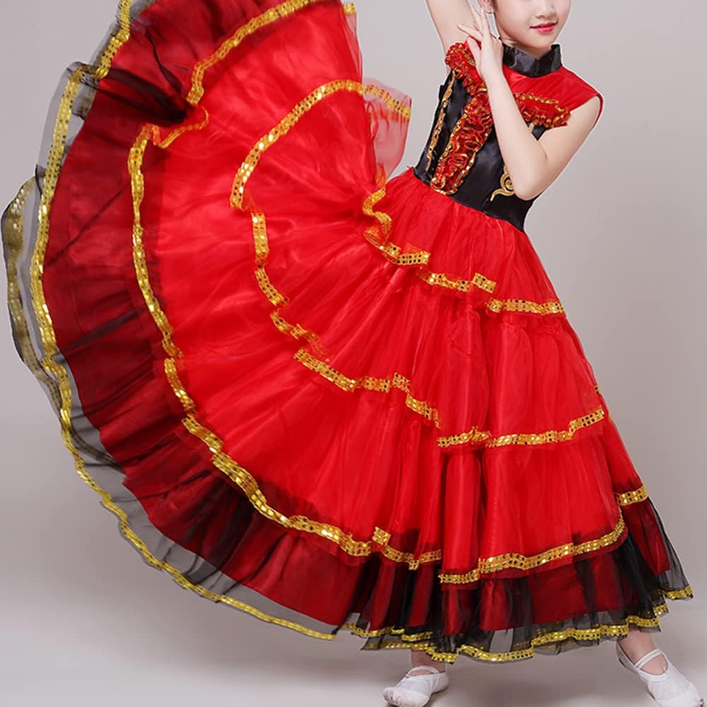 Girls Flamenco Dancer Satin Sleeveless Kids Gypsy Spanish Folklorico Performance Dress