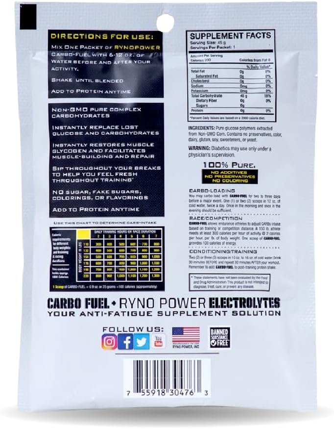 Ryno Power Carbo-Fuel Stimulant-Free Drink Mix Singles Caddy (12 Servings) - All-Natural Pure Carbohydrate Powder for Athletic Performance - Vegan and Gluten Free