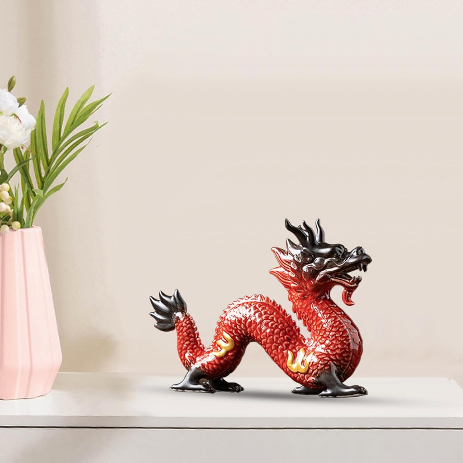 8 in Chinese Feng Shui Dragon Statue,Dragon Figurine Home Decor Office Decor Good Lucky Gifts,Attract Wealth Dragon Gift for Living Room,Bedroom,Garage,Bookshelf,Red Oriental Dragon