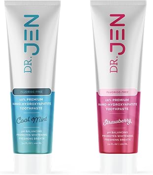 Dr. Jen Fluoride Free Toothpaste Bundle, Cool Mint + Strawberry, 10% Premium Nano Hydroxyapatite with Xylitol & Glycerin, Remineralizing Toothpaste for Daily Oral Care, 2 Pack