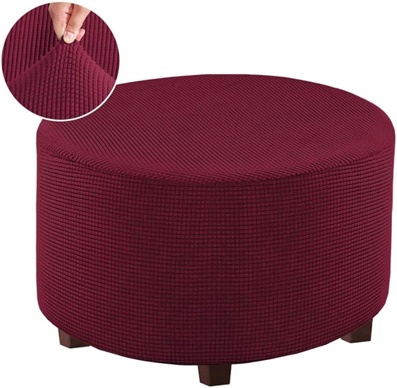 Round Ottoman Slipcover Polyester Blend Footstool Protector Covers Stretch with Elastic Bottom Feature Textured Machine Washable Jacquard Fabric (Burgundy, X-Large Size)