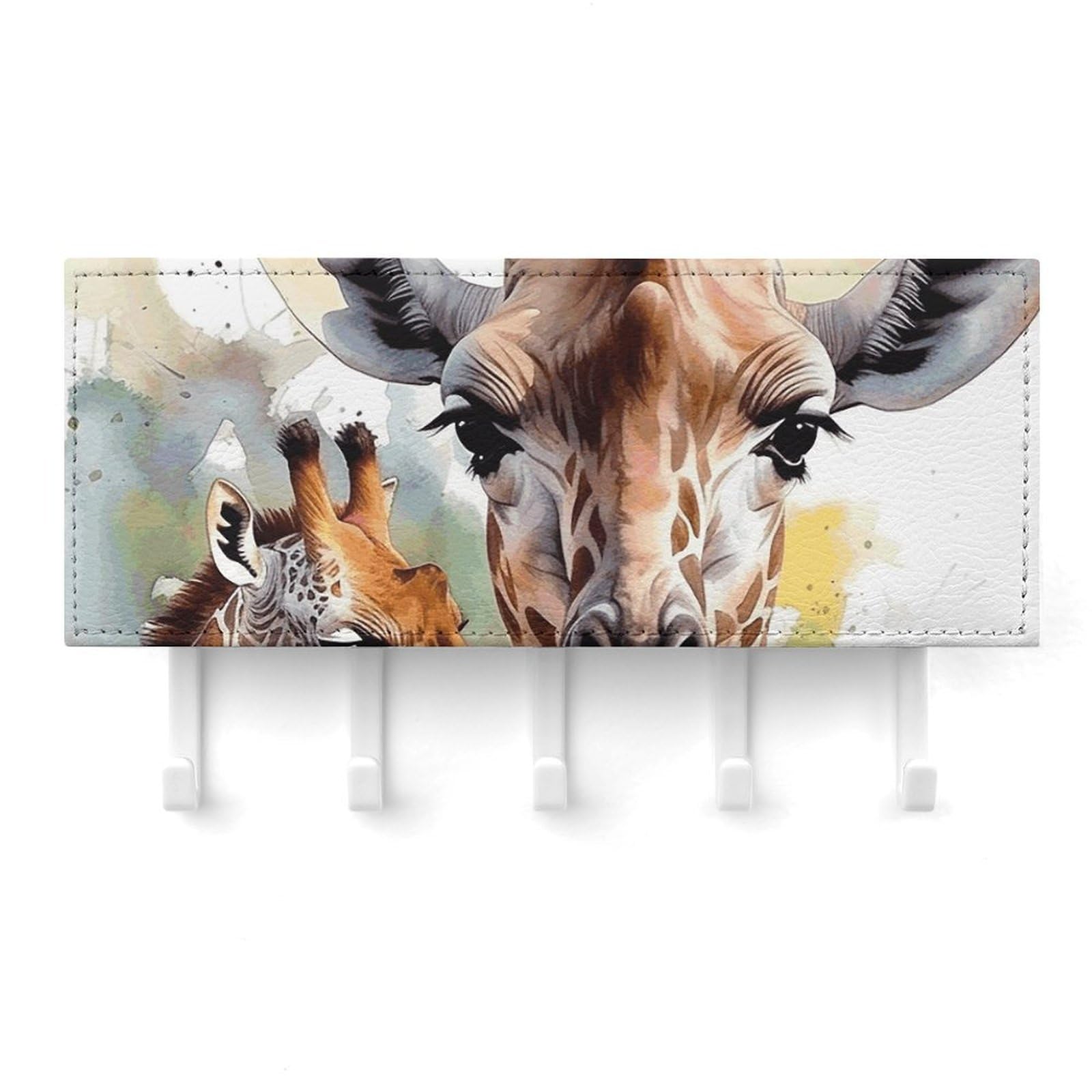 QMNLKH Watercolor Deer Giraffe Wall Mounted Key Rack for Home, No Drilling Key Holder with 5 Hooks, Self Adhesive Keys Chain Organizer for Hallway, Keys Hanger Shelf for Office, Doorway White