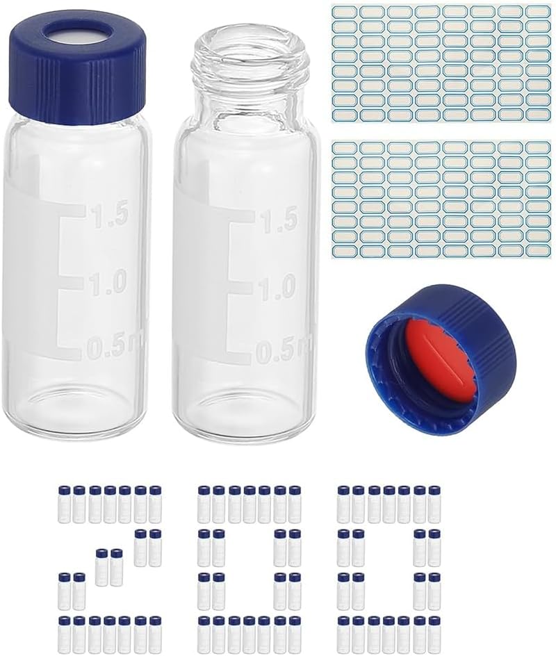 HPLC/ 2MLサンプラーバイアル、200pcs事前スリットセプタスクリューキャップクリアラボサンプルバイアル9-425