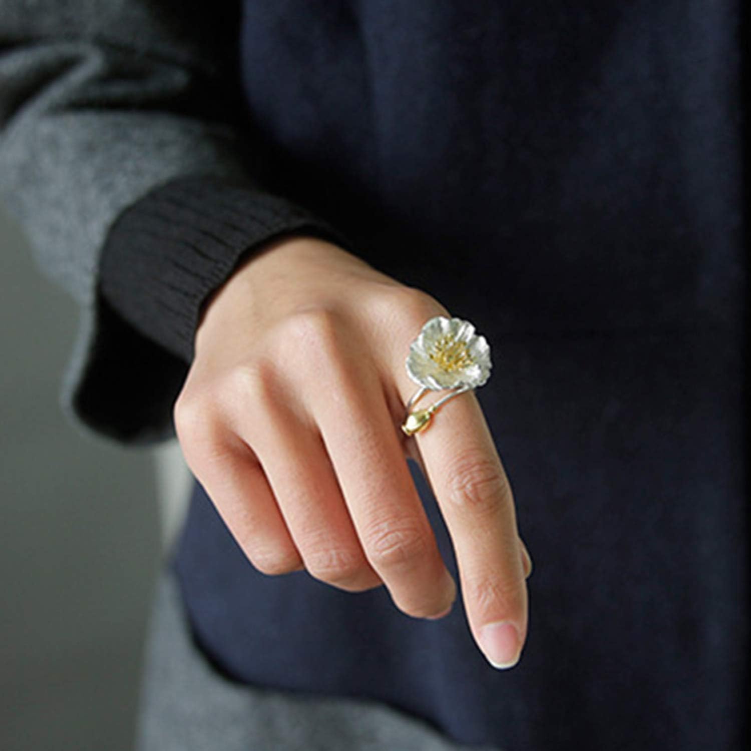 Lotus Fun S925 Sterling Silver Ring Blooming Poppies Flower Open Ring Handmade Natural Jewelry Unique Gifts for Women - Image 5