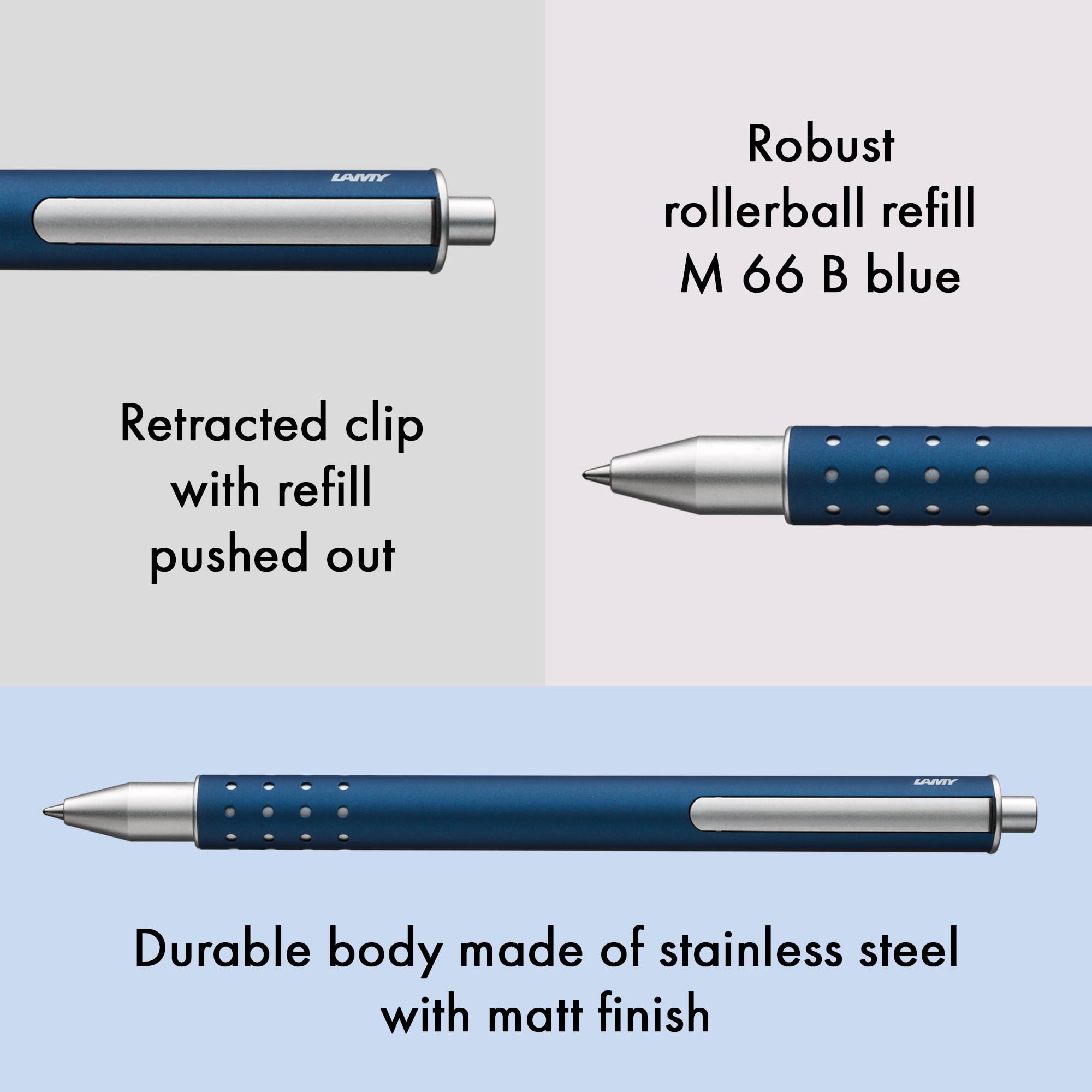 Lamy swift imperialblue roller - sencillo con sensación de escritura fluida - cuerpo robusto de acero inoxidable y ancho de trazo B - con recambio roller M 66 en azul