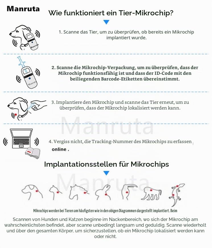 Manruta 20 Stück ISO Pet ID Microchip Tags Universal Standard 134,2 kHz FDX-B Größe 8 mm Länge für Hunde und Katzen kleine Tiere (1,4 x 8 mm Mikrochip)