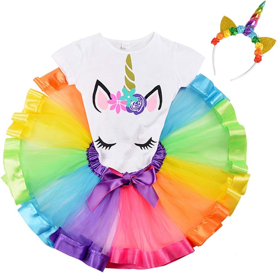 Bestry Rainbow Tutu Skirt Girls Unicorn Outfit Set Birthday Unicorn T-Shirt Unicorn Horn Headband