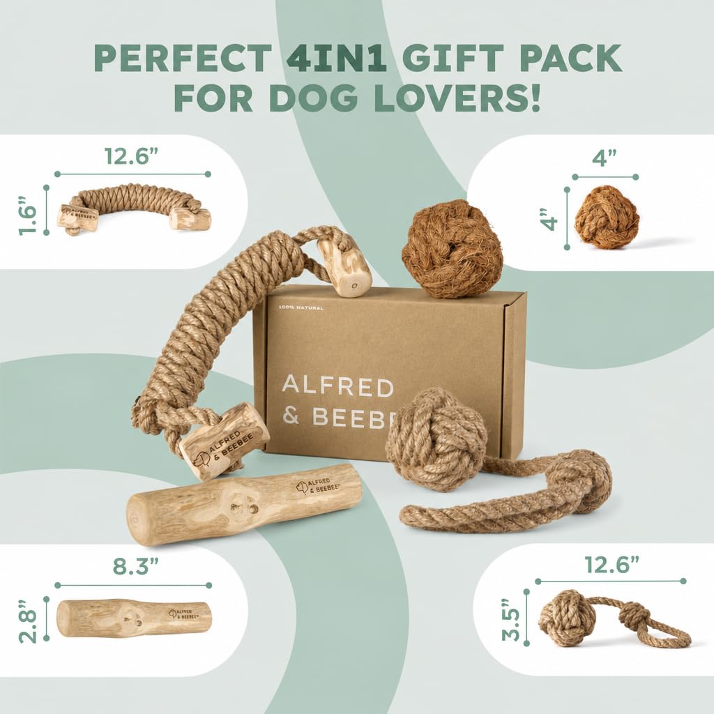 Alfred & Beebee Kau- und Zahnspielzeug für Hunde, natürliches Kaffeeholz, 4 Stück, L-XL | Kaffeeholz Kau- & Spielzeug 4er Pack 100 % natürlich, ungiftig und umweltfreundlich, für große und XL-Hunde bis 34 kg